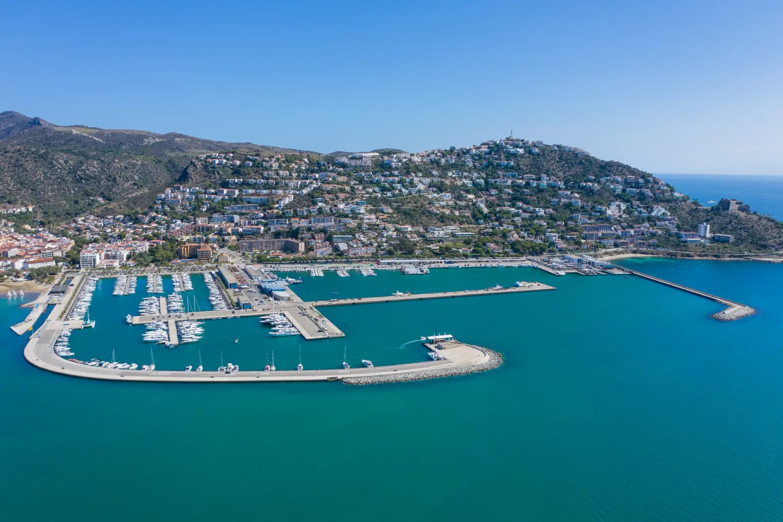 Aerial view of the bay and marina of Roses, Costa Brava